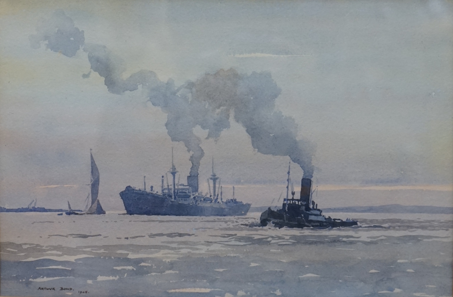 Arthur Bond (1888-1958), watercolour, Tug and steamer, signed and dated 1948, 24 x 35cm. Condition - fair to good